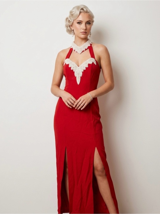 Vintage Dresses & Skirts - Vintage Women's 12 Red Halter Faux Pearl Embellished Long Slits 80s Gown Dress